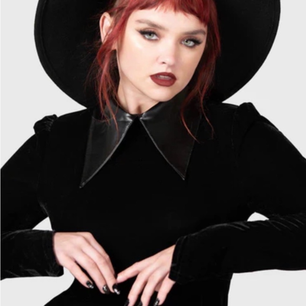Killstar Black Velvet Dress with Leather Collar